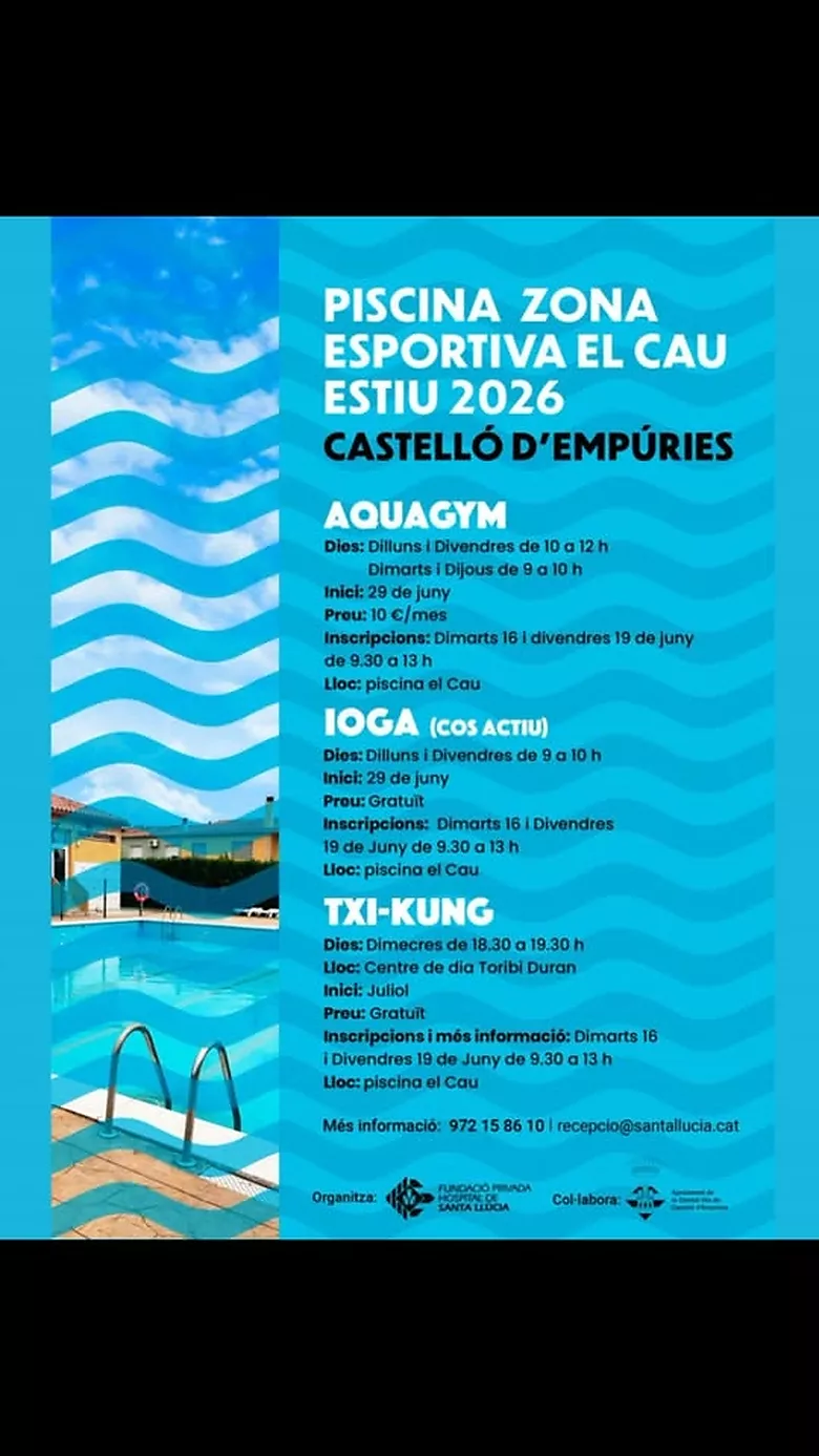 Piscina, zona deportiva, El Cau, verano de 2026