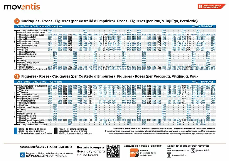 Paradas en el centro de Empuriabrava (playa), Empuriabrava (comisaría) y Castelló d'Empúries (pueblo).