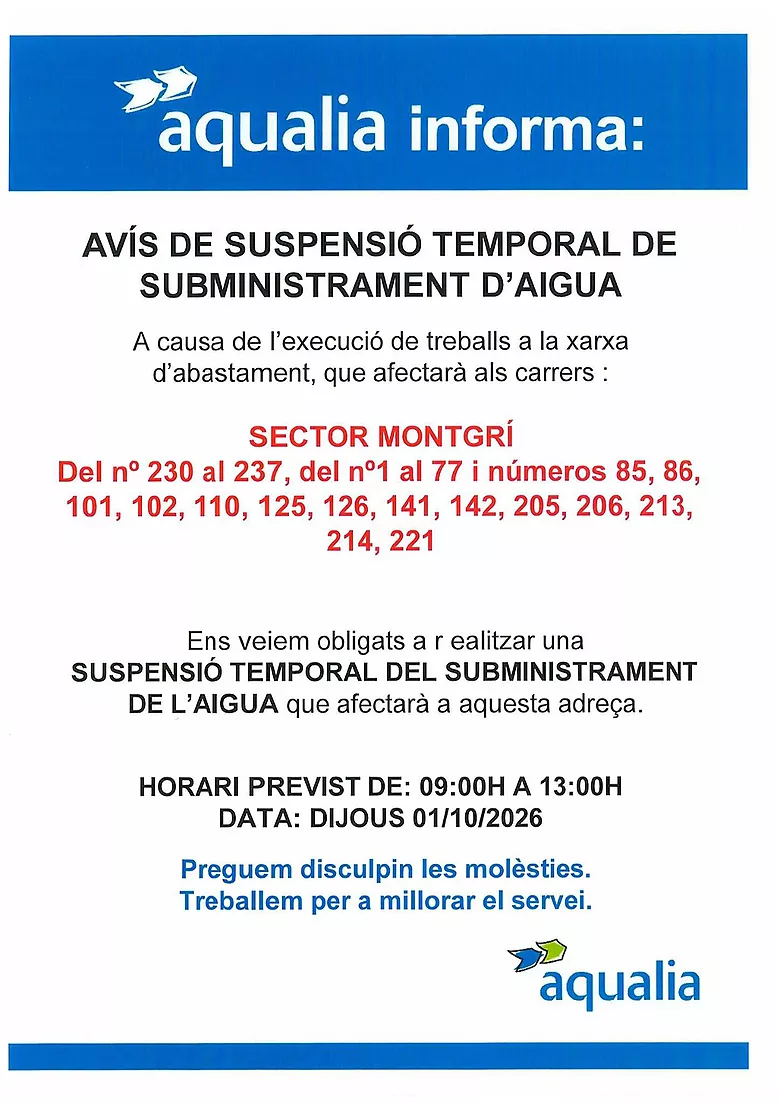 1 de octubre de 2026 se interrumpirá el suministro de agua durante unas horas.